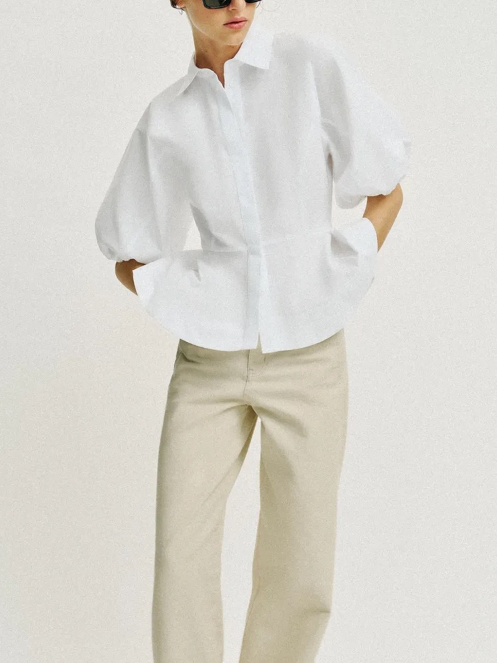 Zara NWT cotton white puff sleeve peplum button front shirt blouse top - Picture 6 of 13